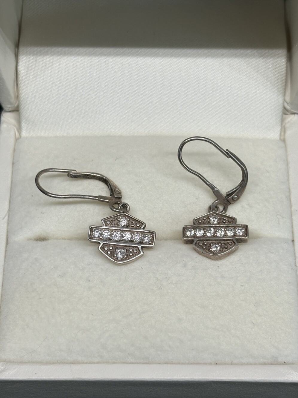 Harley Davidson Stamper Sterling Silver Clear Stone Logo Dangle Earrings LLD4
